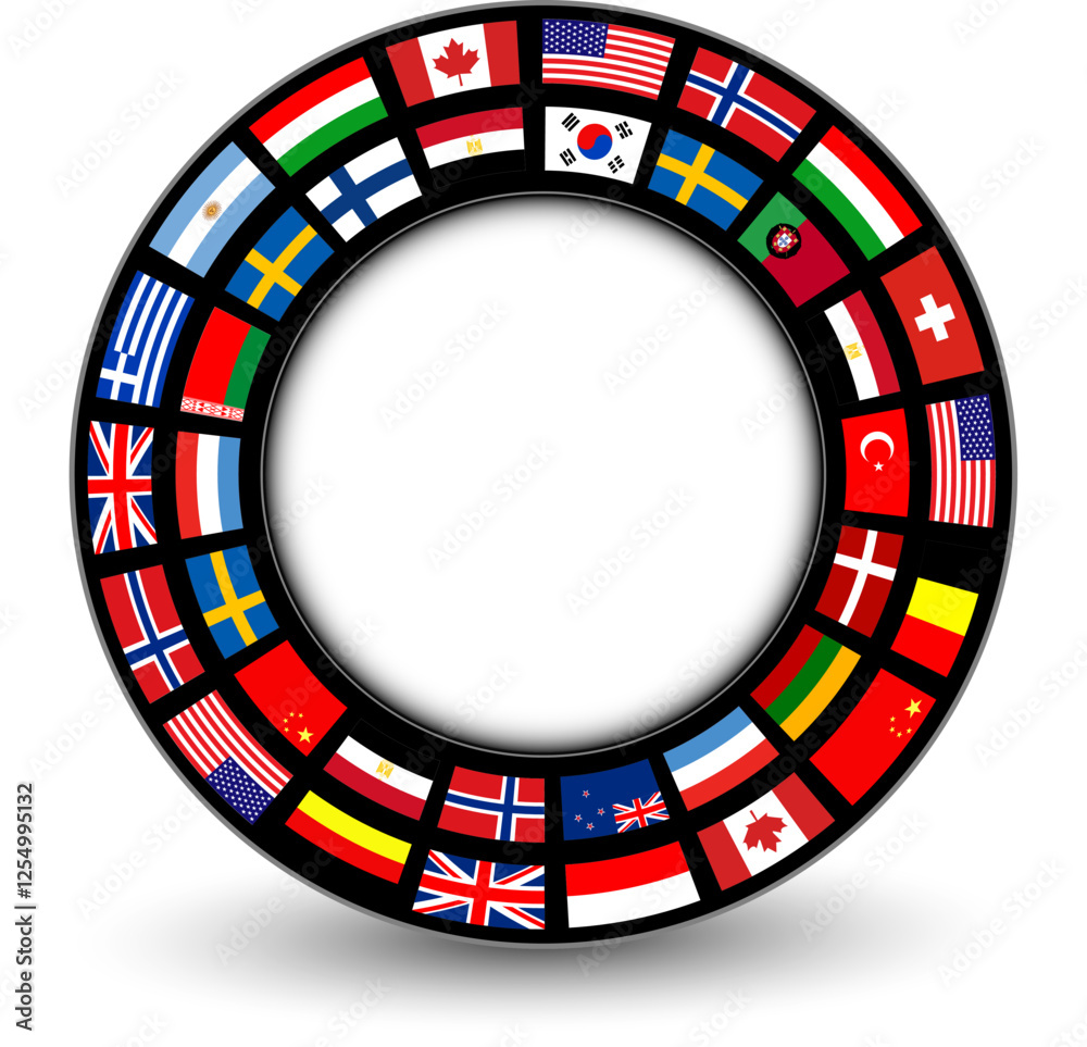 Business icons with international flags around, ring with flags buttons with copy space, business concept symbols. Business icons with international flags around, ring with flags buttons with copy space, business concept symbols.