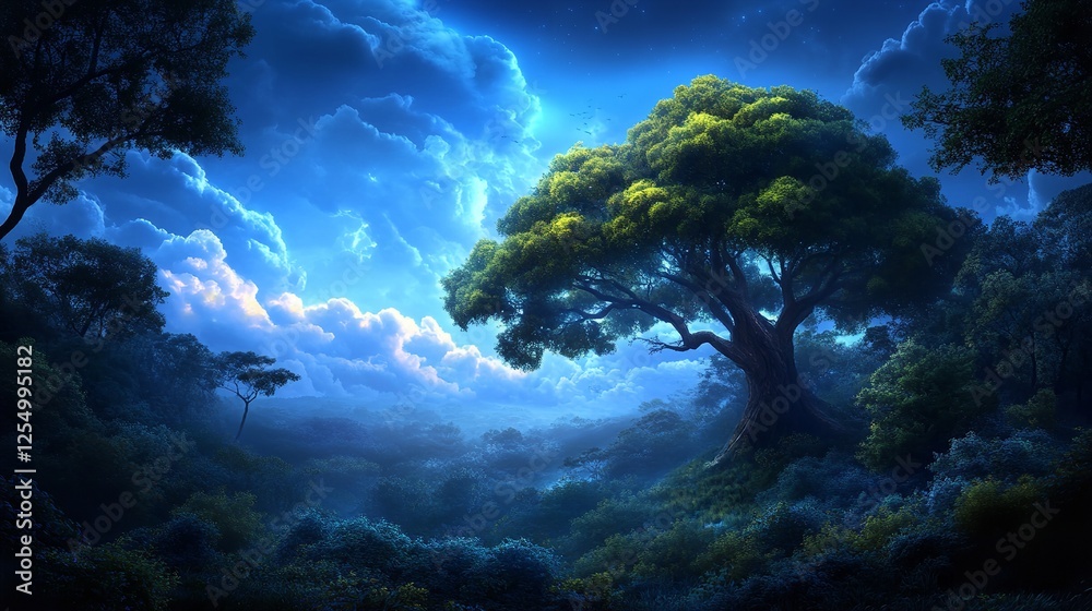 Vibrant forest landscape under a twilight sky with dramatic clouds and a large tree