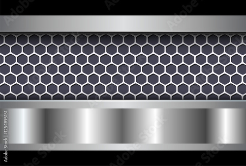 Silver chrome metallic background with hexagons pattern, 3D illustration.