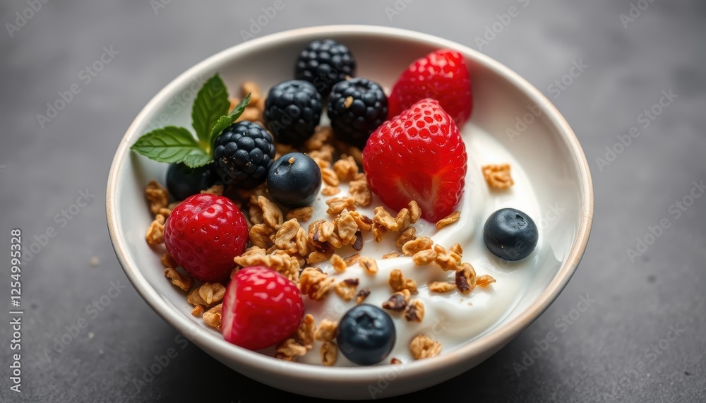 Fresh and Healthy Yogurt Bowl with Mixed Berries and Granola on a Dark Background for Breakfast or Snack Ideas Fresh and Healthy Yogurt Bowl with Mixed Berries and Granola on a Dark Background for Breakfast or Snack Ideas