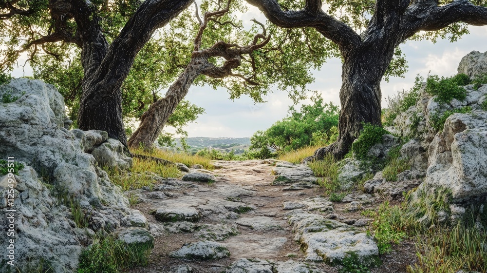 Fototapeta premium Cinematic landscape of a rugged rocky pathway framed by ancient trees and lush greenery