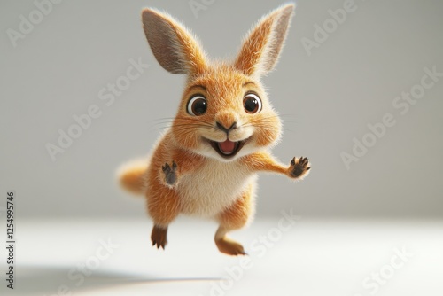 Animated rabbit character exuberantly jumping with excitement in a bright and cheerful environment showcasing vibrant fur and friendly expression photo