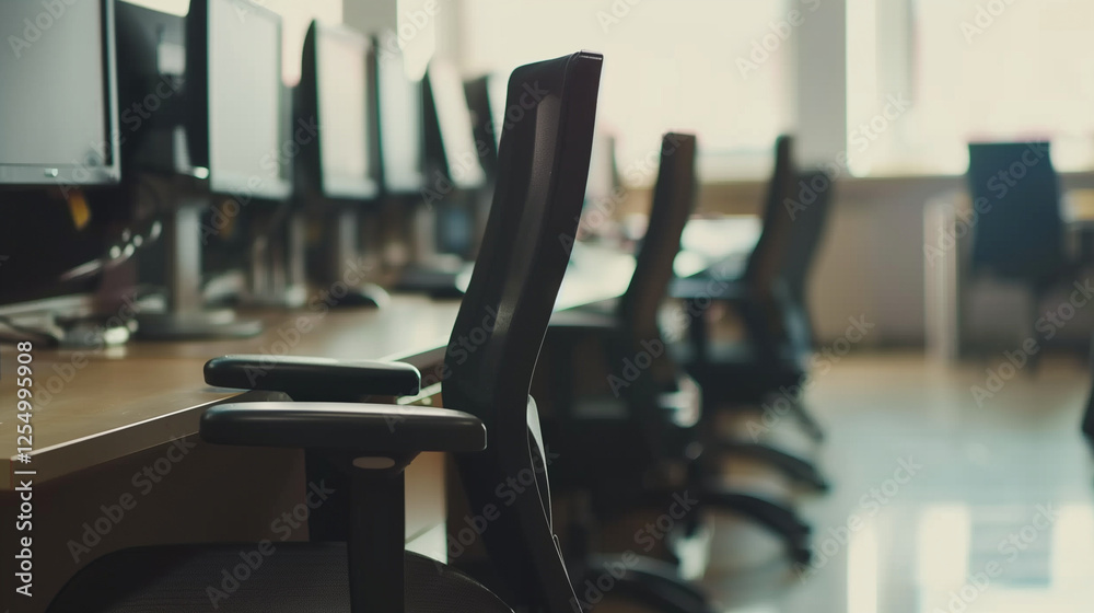 Empty office desk with vacant chairs and monitors, symbolizing layoffs and workplace downsizing. Concept of job loss, corporate restructuring, and economic uncertainty in modern business environment.