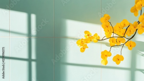 Yellow orchids in sunlight casting shadows on mint green wall