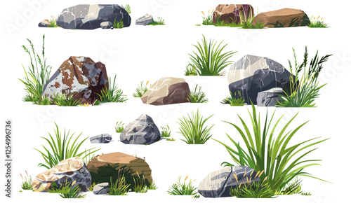 Rock and grass composition vector illustration, outdoor landscape, rocky terrain, lush grassland, natural environment, scenic view, wilderness background
