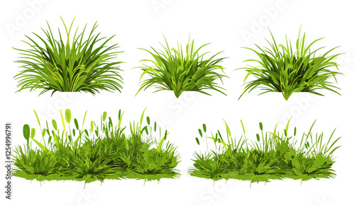 Verdant grass tufts, vector illustration, row set, outdoor green meadow, lush nature, vibrant grass, garden landscape, fresh green leaves, nature scene, green background