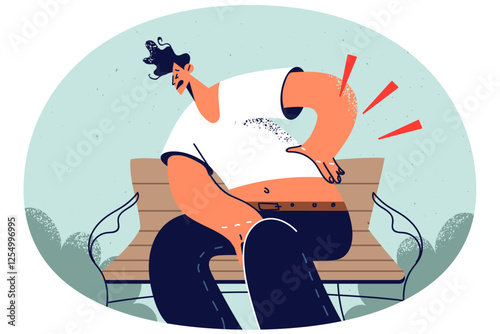 Unhealthy man on park bench suffer from backache