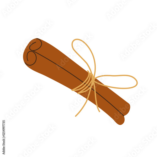 Isolated cinnamon sticks tied with rope. Savory spice. Design element in flat hand drawn style on white backdrop. Vector illustration.