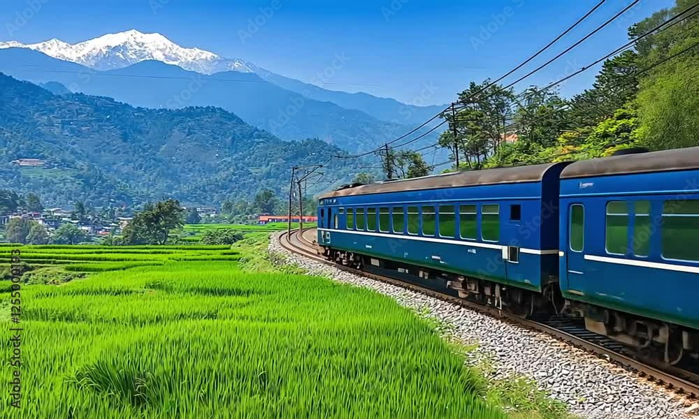 A scenic train journey through lush green fields with a mountain backdrop. The blue train moves along railway tracks, offering a picturesque view of rural landscapes A scenic train journey through lush green fields with a mountain backdrop. The blue train moves along railway tracks, offering a picturesque view of rural landscapes