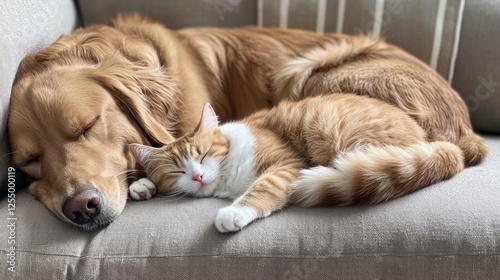 Wallpaper Mural A Dog and Cat Snuggling Together on a Couch Torontodigital.ca