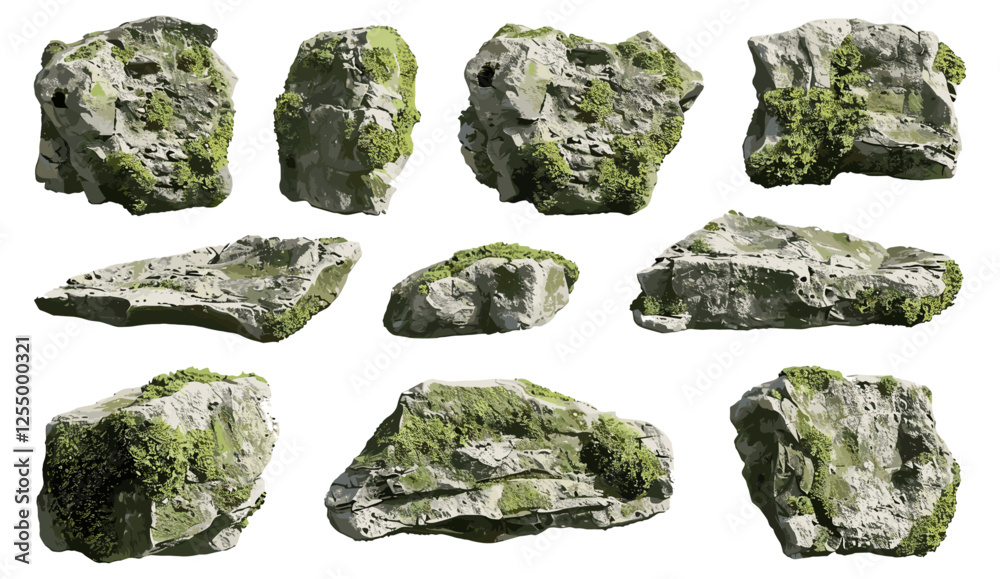 Realistic mossy stone 3D rendering cut out backgrounds transparent, vector illustration, green mossy rocks, trees, jungle vibes, aesthetic nature, rocky terrain, eco-friendly Realistic mossy stone 3D rendering cut out backgrounds transparent, vector illustration, green mossy rocks, trees, jungle vibes, aesthetic nature, rocky terrain, eco-friendly