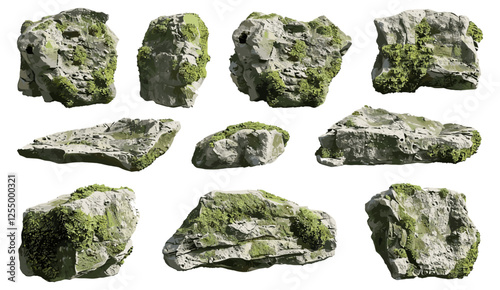 Realistic mossy stone 3D rendering cut out backgrounds transparent, vector illustration, green mossy rocks, trees, jungle vibes, aesthetic nature, rocky terrain, eco-friendly