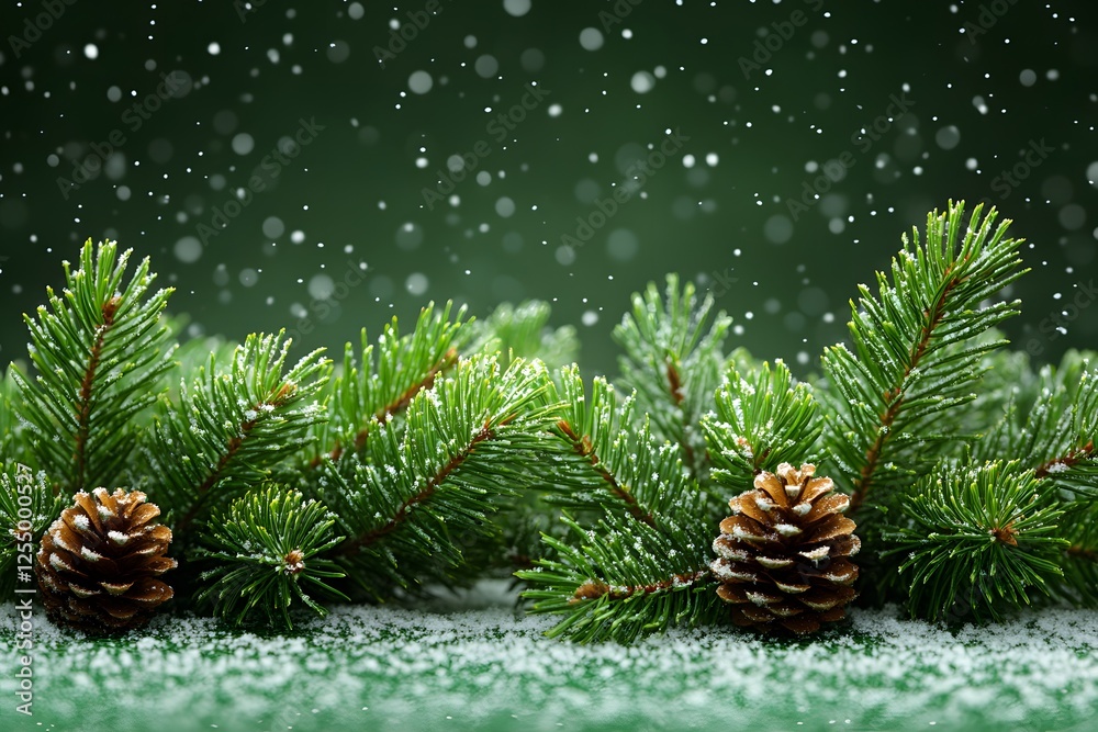 Festive Winter Pine Cones and Evergreen Branches with Snowfall for Holiday Decor Festive Winter Pine Cones and Evergreen Branches with Snowfall for Holiday Decor