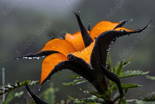Raindrops on vibrant orange flower petals in lush garden