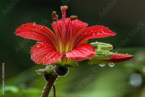 Close-up of blooming red flower with raindrops