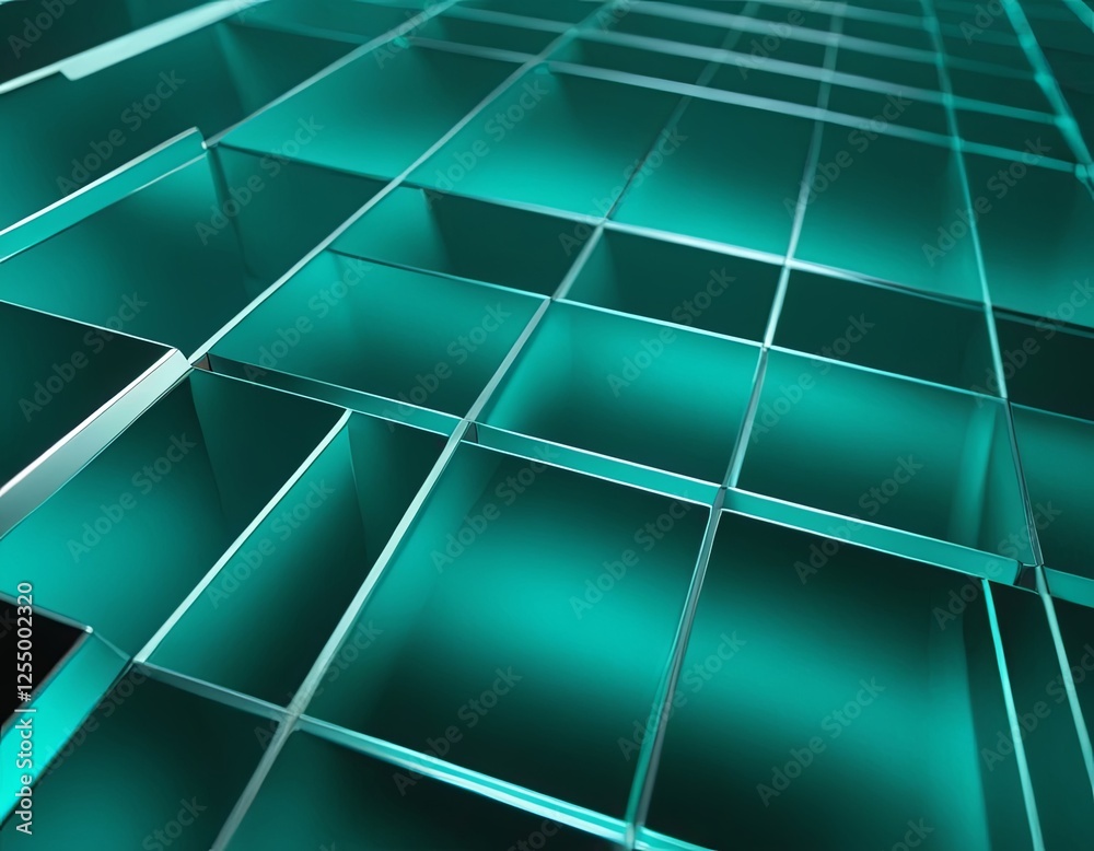 Close-up of a modern, teal geometric pattern with reflective surfaces and depth. Close-up of a modern, teal geometric pattern with reflective surfaces and depth.