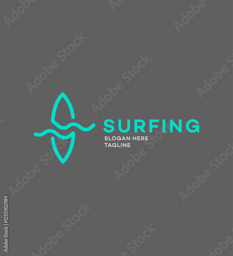 Minimalist Surfing Logo Design Ocean Wave Surfboard Teal