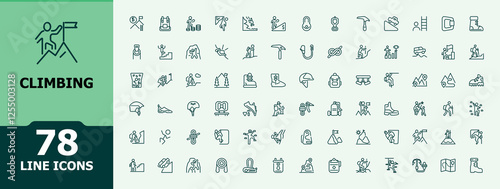 Set of Climbing line icons. Includes icons for adventure, outdoors, climber, tourism, hiking and more. Simple line vector. Editable vector icon and illustration.