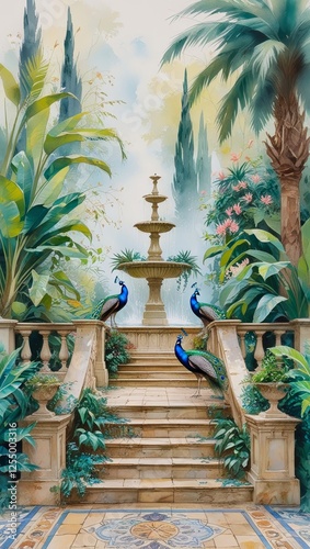 tropical garden with palm trees. peacock in the garden. Vintage botanical garden tree, peacock, pavilion, palms