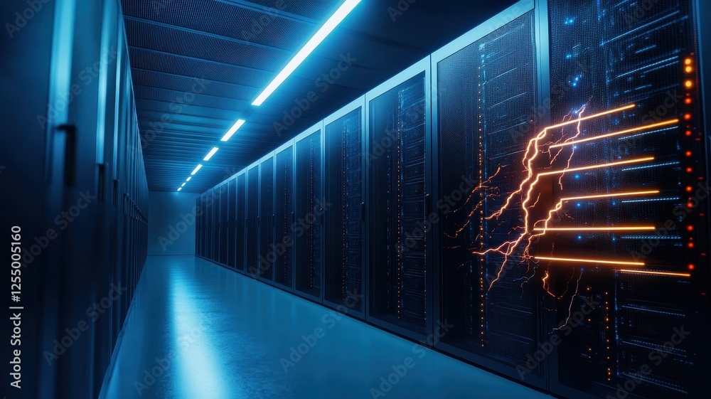 Electric Sparks Illuminate Futuristic Server Room