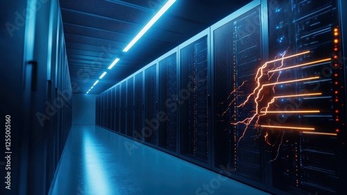 Obraz na płótnie Electric Sparks Illuminate Futuristic Server Room w salonie