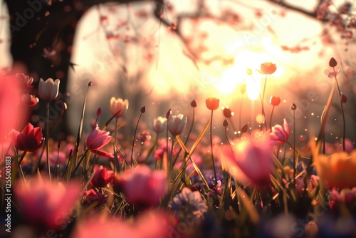 Springtime tulip sunrise with vibrant blossoms