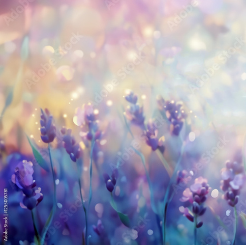 Blurred purple lavender flowers field background with bokeh