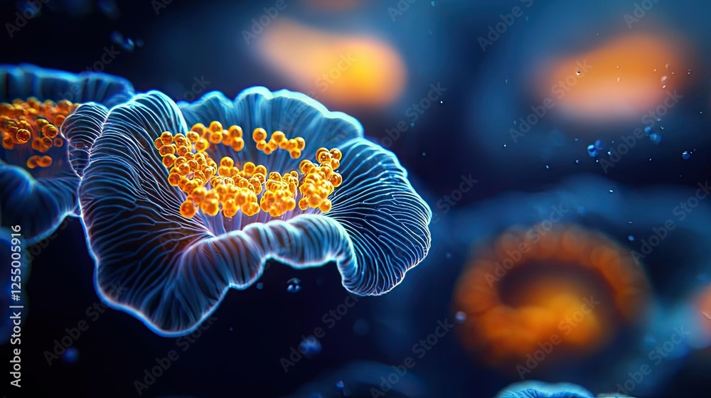 Obraz premium Marine animals microscopic idea. Close-up view of vibrant microorganisms with glowing details and textures.