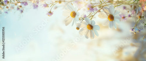 Beautiful daisy flowers border at blurred nature background