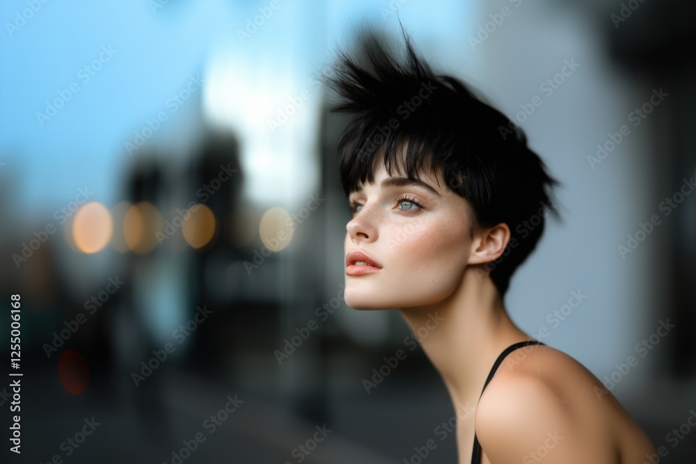 Portrait of a stylish young woman with striking makeup and hairstyle in urban light Portrait of a stylish young woman with striking makeup and hairstyle in urban light