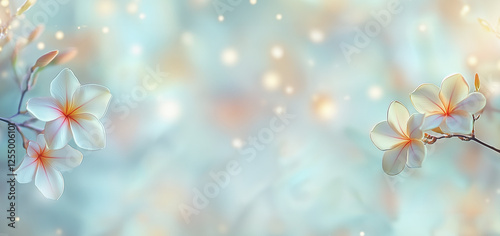 Floral banner with beautiful white flowers at pastel blue bokeh background, banner