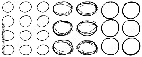 Hand drawn circle line sketch set. Black pen hand drawn doodle grunge circle highlights. Hand drawning circle line sketch set. 