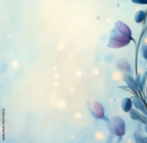 Blurred floral border background with blue fairy flowers and shine bokeh