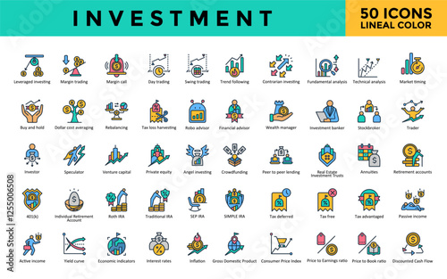 Investment icon set with stockbroker, trader, investor, speculator, venture capital, private equity, angel investing, crowdfunding, peer to peer lending icon. Simple lineal color vector 
