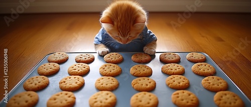 A pragmatic cat donning a neat apron neatly arranges cookies on a small tray, taking pride in a precise baking craft. The backdrop remains solid white, creating a pure canvas for the feline’s 