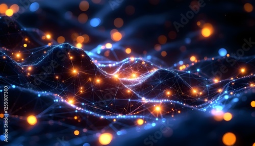 Futuristic network connections, glowing blue geometric lines, abstract digital landscape