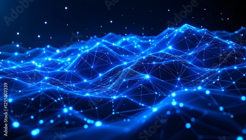 Futuristic network connections, glowing blue geometric lines, abstract digital landscape