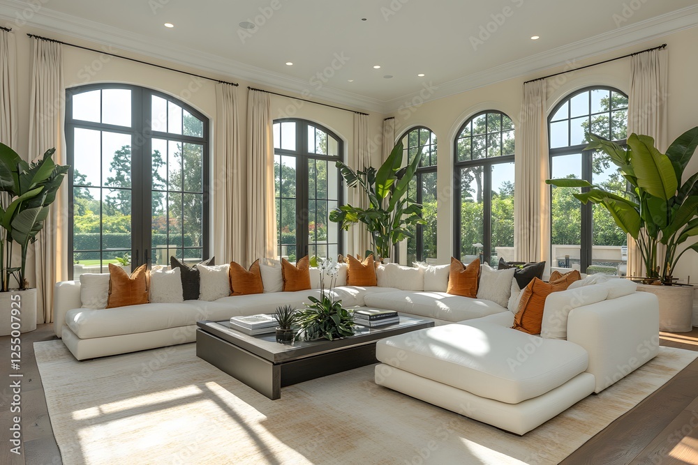 Fototapeta premium Modern Elegant Living Room Design with Large Windows and Stylish Decor