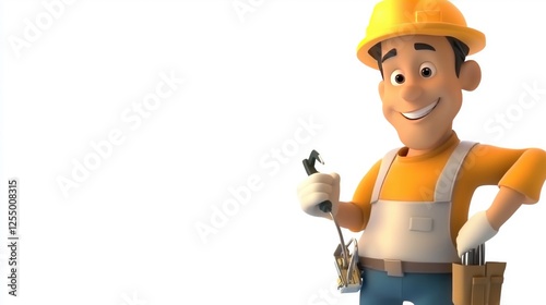 Cartoon construction worker with tools on white background