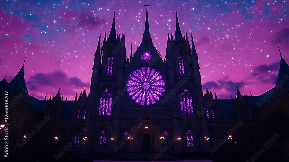 Gothic Architecture Cathedral with Night Sky and Stars Purple Hue Mysterious Grandeur Fantasy Gothic Architecture Cathedral with Night Sky and Stars Purple Hue Mysterious Grandeur Fantasy
