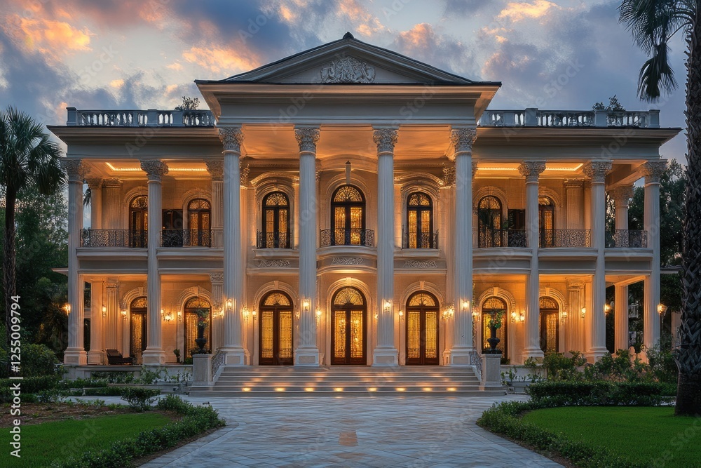 Obraz premium Luxurious white mansion with illuminated columns at dusk