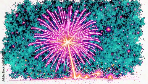 Colorful fireworks of pink and green on white background, Abstract color burst