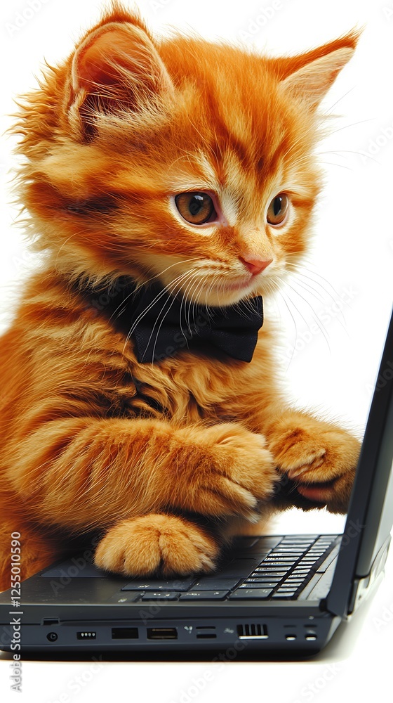 A stylish cat wearing a bow tie and cufflinks rests one paw on a small laptop, as though occupied with important online tasks. The smooth white background provides an uncluttered setting, allowing A stylish cat wearing a bow tie and cufflinks rests one paw on a small laptop, as though occupied with important online tasks. The smooth white background provides an uncluttered setting, allowing