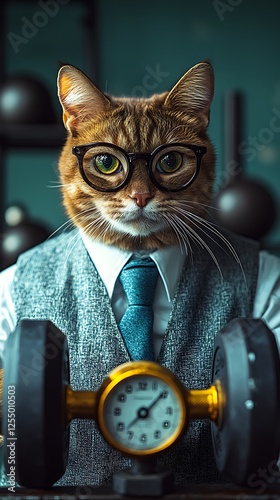 A sturdy cat sporting a succinct gym coach vest shows a plush figure how to handle a miniature dumbbell properly. The spotless white setting emphasizes the guiding action, aided by shadowless,  photo