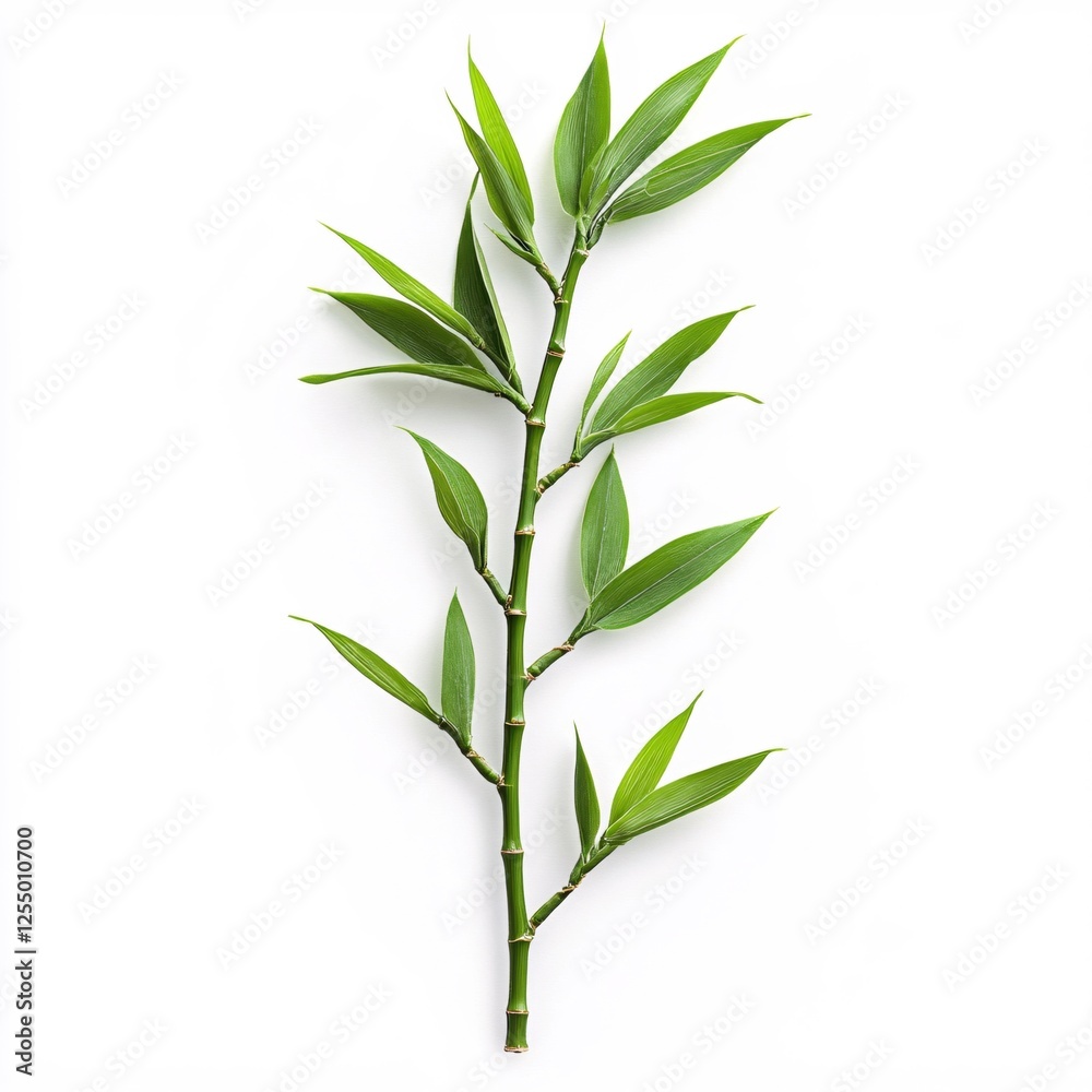 Fototapeta premium Fresh Bamboo Shoot with Green Leaves on Clean White Background Minimalist Style