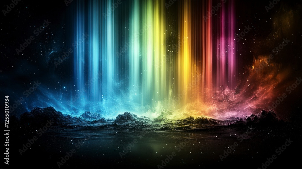 Obraz premium Ethereal aurora lights dance over cosmic clouds night sky digital artwork colorful atmosphere wide angle inspiration