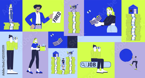 Stuff layoff crisis bento grid illustration set. Financial issues after dismissal 2D vector image collage design graphics collection. Corporate employees losing job flat characters moodboard layout