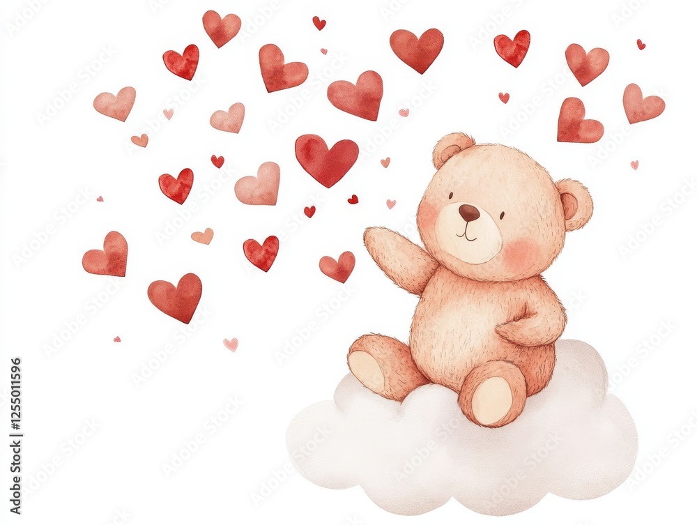Obraz premium Cute Teddy Bear Sitting on Cloud with Hearts 