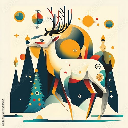 Abstract illustration of a stylized deer in a winter landscape with geometric shapes and cosmic elements.  Possible use for greeting cards, posters, or prints photo