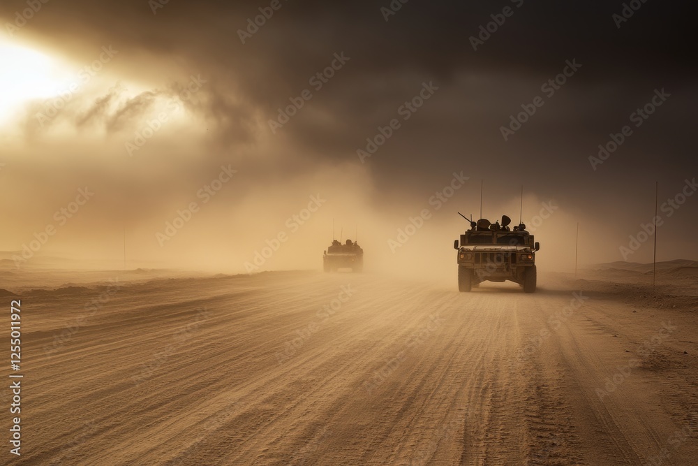 Fototapeta premium Military forces maneuvering through a desert storm and swirling dust in a challenging landscape
